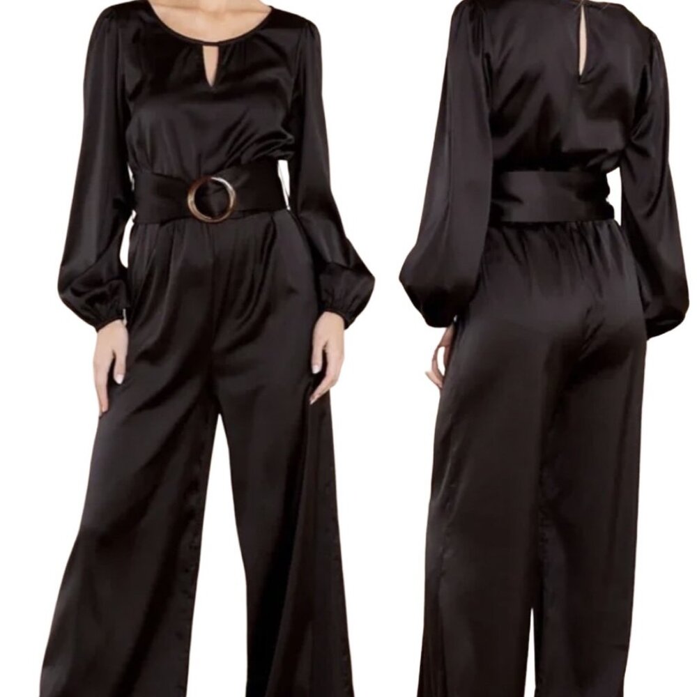 Aura The Label Satin Long Sleeve Belted Wide Leg Jumpsuit in Black Women's Sz S